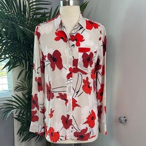 J. Crew Red and White Floral Button Down Shirt 100 % silk